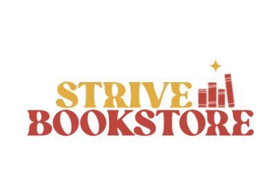 Strive Bookstore logo in yellow and red with red stack of books
