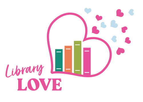 Pink Library Love words with colorful hearts and books 