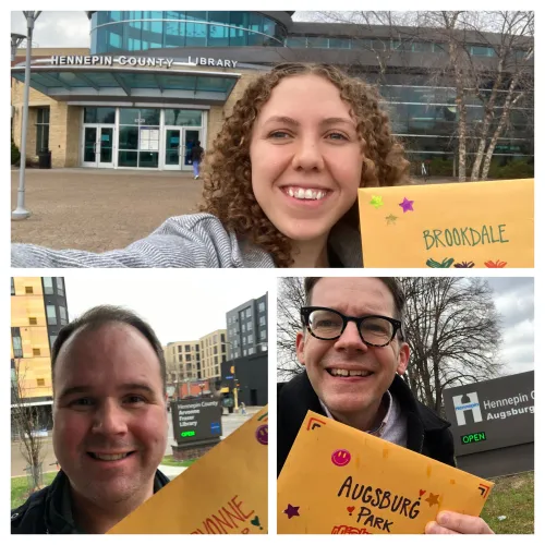 Rob, Lizzie, and Adam delivering Library Love messages to Augsburg Park, Arvonne Fraser, and Brookdale libraries