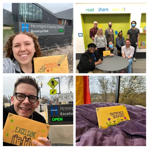 Gale, Lizzie, Adam, and Linda delivering Library Love notes to Brooklyn Park, Ridgedale, Eden Prairie, and Excelsior libraries