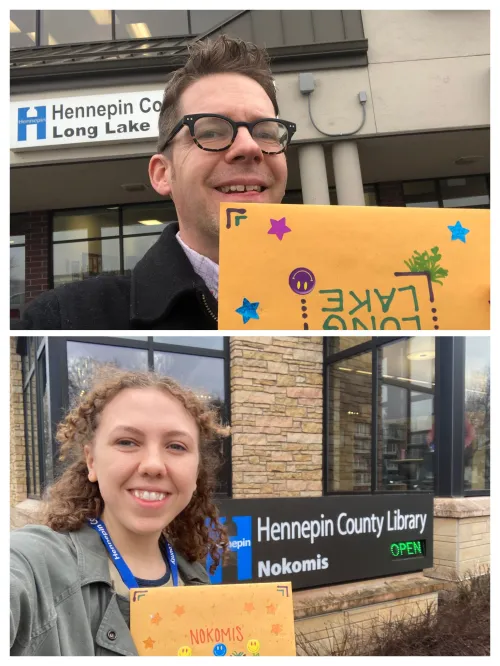 Lizzie and Adam delivering Library Love messages to Long Lake and Nokomis libraries