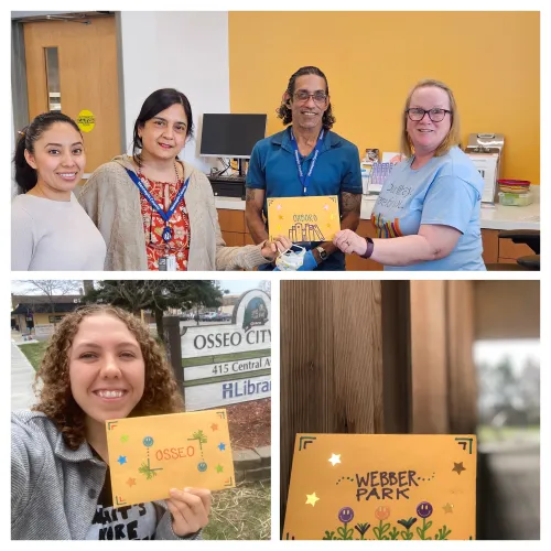 Lizzie, Linda, and Rob delivering Library Love messages to Osseo, Webber Park, and Oxboro libraries