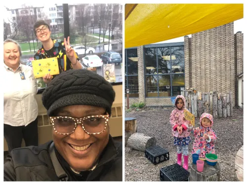 Kristi and Gale delivering Library Love messages to Penn Lake and Edina libraries