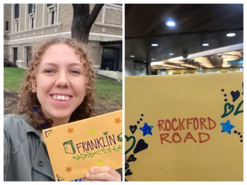 Lizzie and Rob delivering Library Love messages to Rockford Road and Franklin libraries