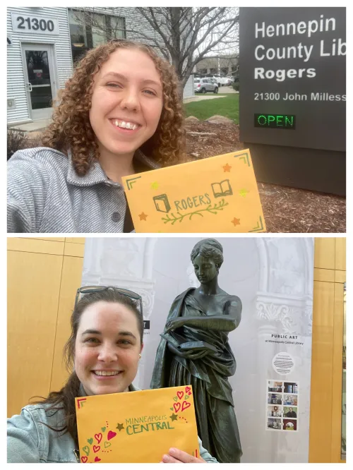 Lizzie and Katie delivering Library Love messages to Rogers and Minneapolis Central libraries