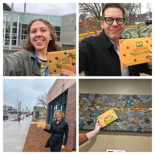 Kristi, Lizzie, Adam, and Linda delivering Library Love messages to Roosevelt, East Lake, Westonka, and Washburn libraries