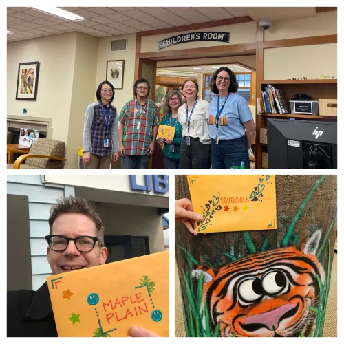 Kristi, Adam, and Linda delivering Library Love messages to Southdale, Maple Plain, and Linden Hills libraries