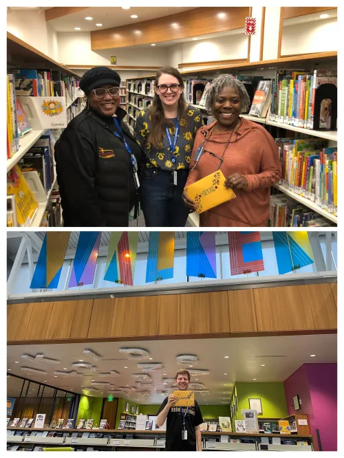 Gale and Kristi delivering Library Love messages to Hopkins and Walker libraries