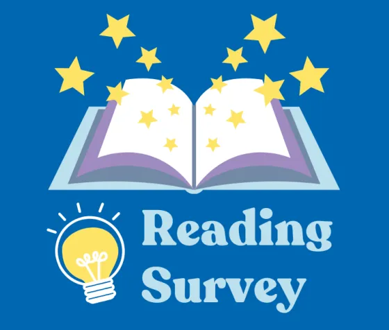 Stars float outward from an open book. A lightbulb glows beside the words "Reading survey."