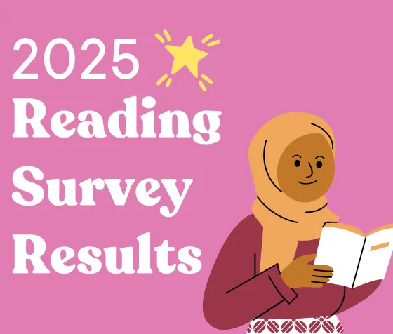 A reader enjoys a paperback book next to the text "2025 Reading Survey Results."