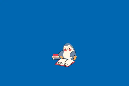 A penguin contemplates a stack of books. 