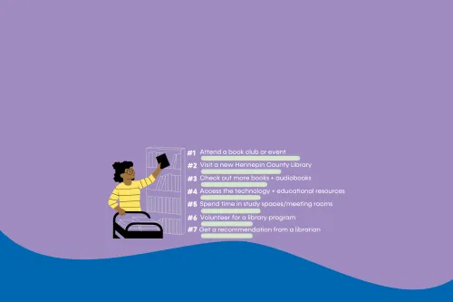 A librarian shelves books beside the answers to this question: #1 Attend a book club, #2 Visit a new HCL location, #3 Check out more books, #4 Access the technology, #5 Spend time in meeting rooms, #6 Volunteer, #7 Get a recommendation from a librarian. 